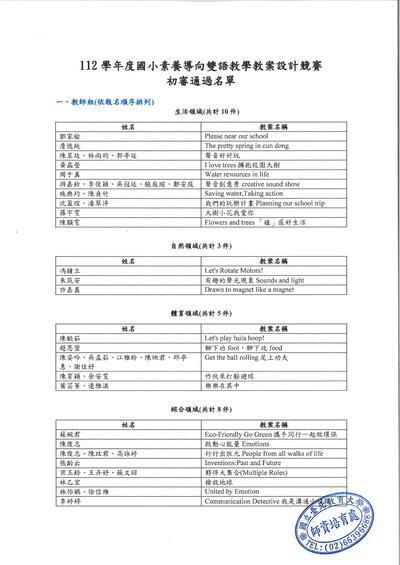 教師組(生活/自然/體育/綜合)初審通過名單
